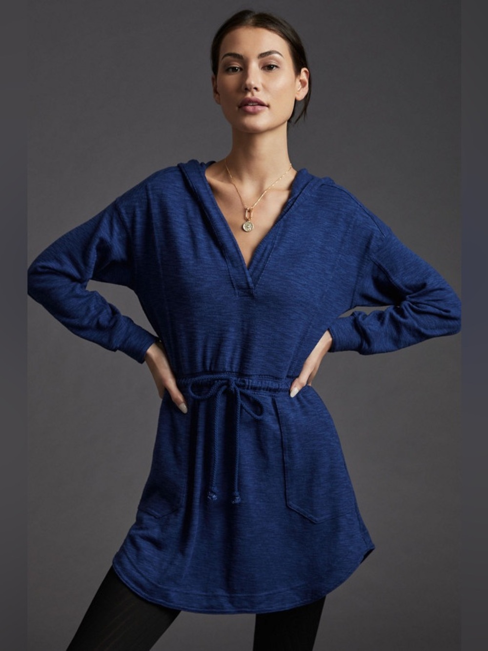 Anthropologie Deep Blue Hooded Tunic Romper